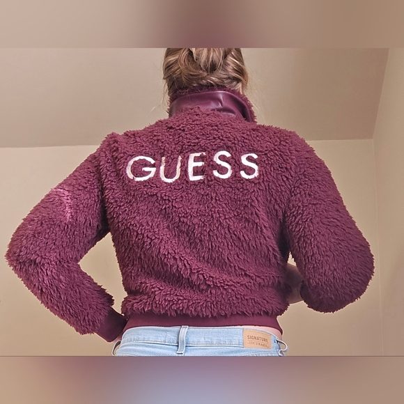GUESS Faux Fur bomber jacket. Zip up. Fully lined. Size Small. Eggplant/ Purple. - Picture 2 of 10
